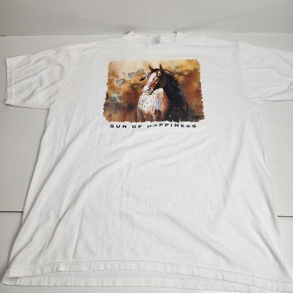 Sun Of Happiness Horse Image Graphic White Short Sleeve T-Shirt Men's Size L - Picture 1 of 4